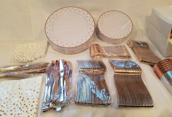 350 Pieces Rose Gold Square Plastic Plates With Silverware And Cups, Disposable