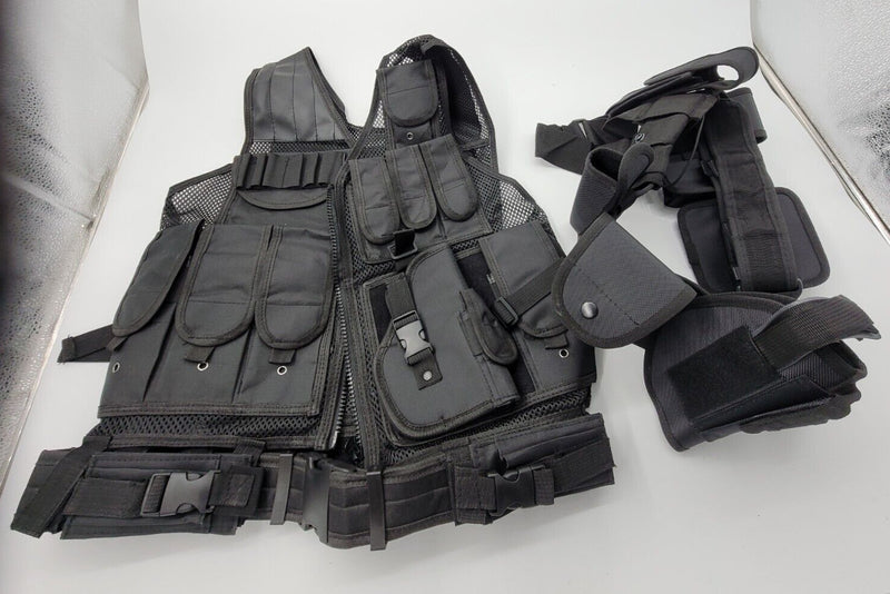 "WOAIKTactical Vest Molle w Gun Holster Black Combat Assault Police Military +