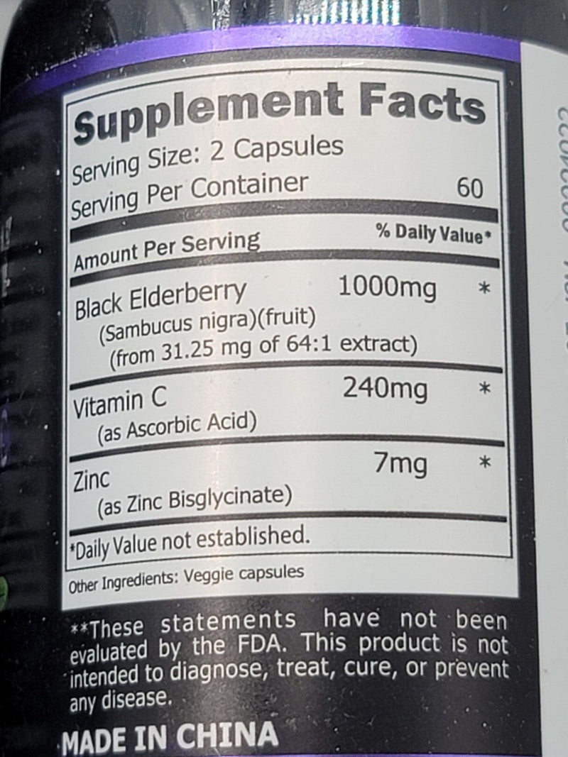 1 Bottle Eco-Taste Elderberry w Vitamin C + Zinc Immune Support 600 Caps