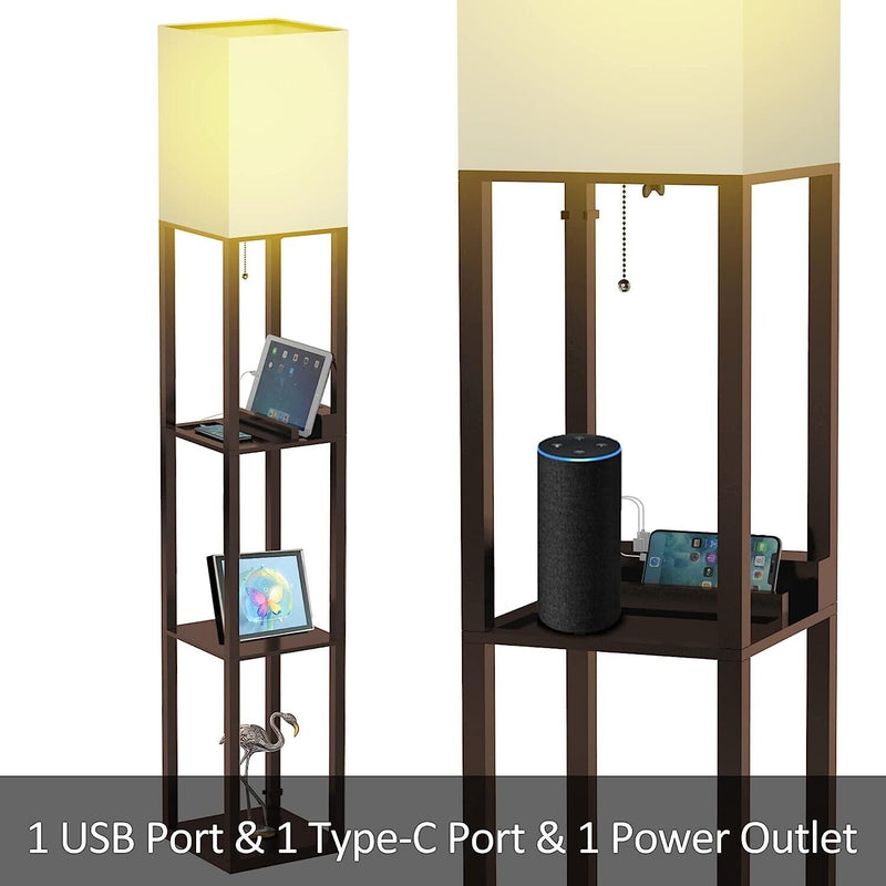 Shelf Floor Lamp,Real Solid Wood with 2 USB Ports & 1 Power Outlet