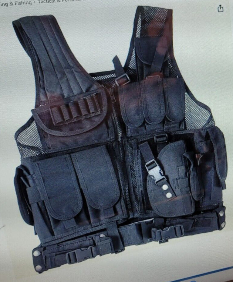 "WOAIKTactical Vest Molle w Gun Holster Black Combat Assault Police Military +