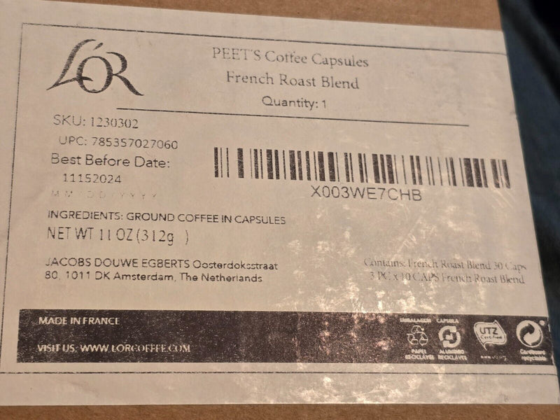 2 Boxes x 30 L'OR Barista Coffee Pods=60 Pods French Blend