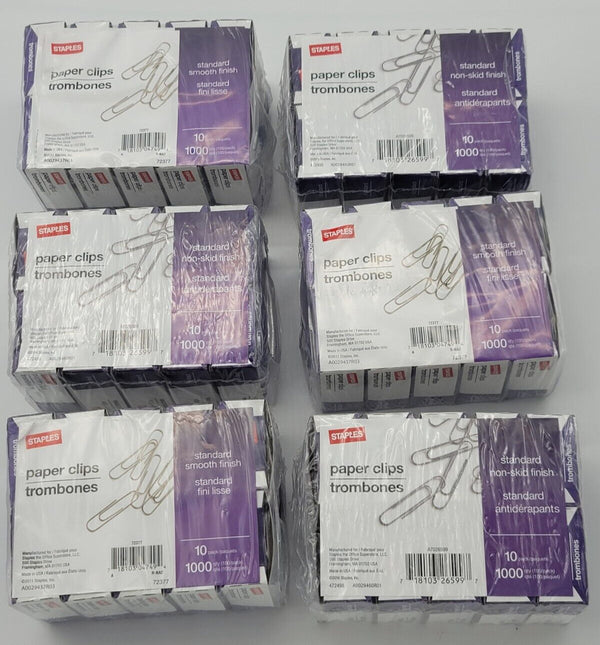 6 Lots Staples Smooth Paper Clips Silver (100/Box 10 Boxes/Pack x 6) 6000 clips