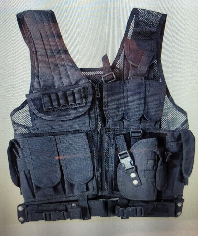 "WOAIKTactical Vest Molle w Gun Holster Black Combat Assault Police Military +