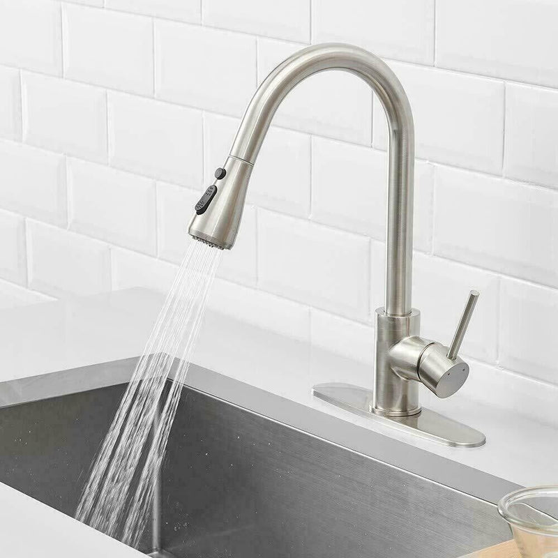 Commercial Kitchen Sink Faucet Pull Out Sprayer Mixer Tap Brushed Nickel&Cover