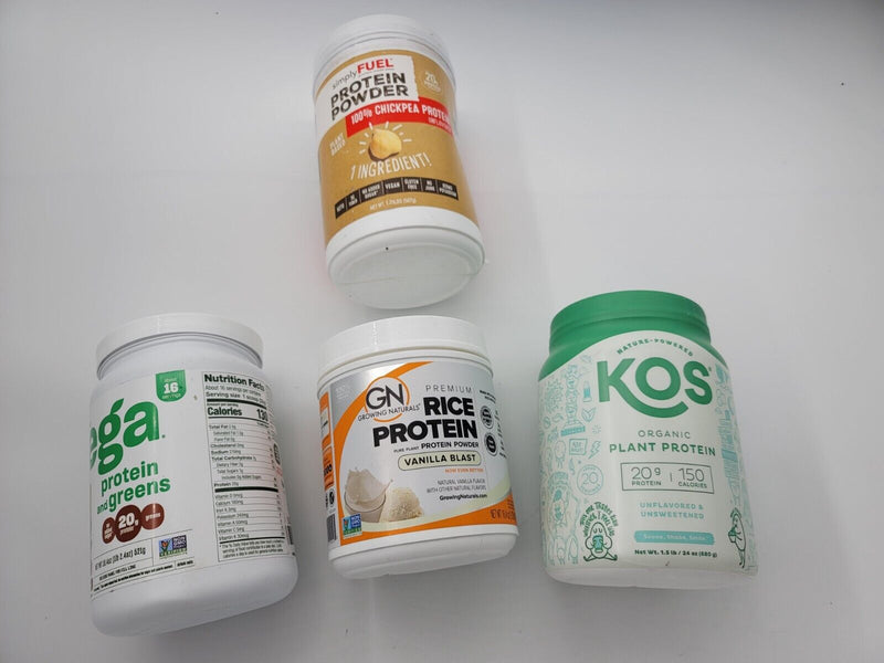 (4 items)Vega Protein/Greens+KOS Organic Plant Prot+ G. N. Rice Protein+SimplyFu