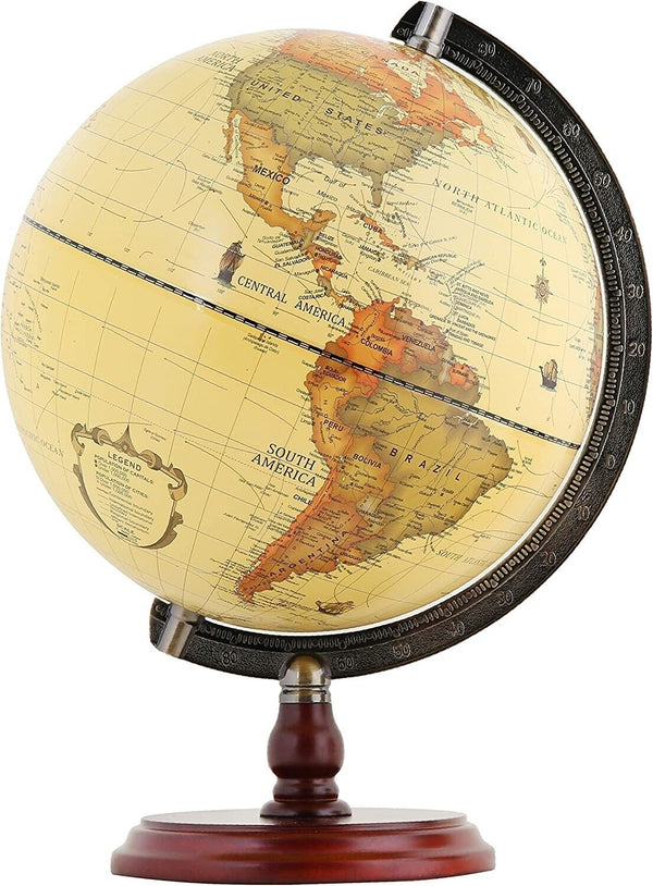 Annova Antique Globe 10" Diameter Metal Arc and Wood Base, Vintage Decorative