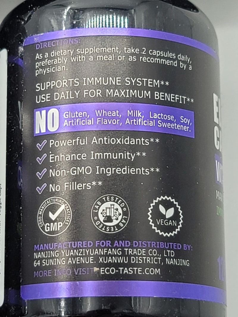 1 Bottle Eco-Taste Elderberry w Vitamin C + Zinc Immune Support 600 Caps