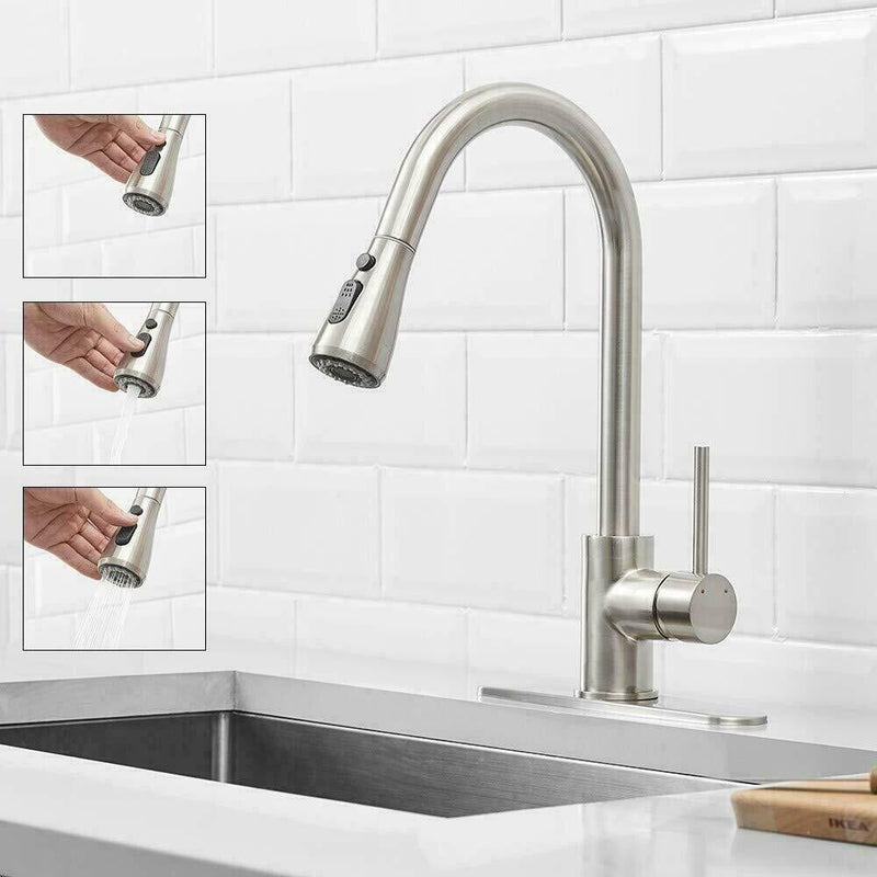 Commercial Kitchen Sink Faucet Pull Out Sprayer Mixer Tap Brushed Nickel&Cover