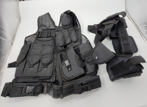 "WOAIKTactical Vest Molle w Gun Holster Black Combat Assault Police Military +