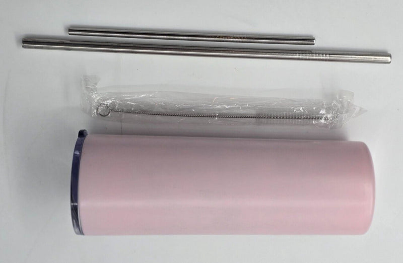 1 Pack Trugos 20 oz skinny Pink tumbler w 2 stainless straws and brush New