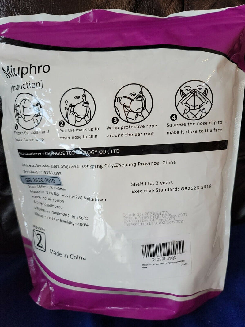 New Miuphro KN95 Foldable Protective Mask 40 Each Filtration 95% 2 packs