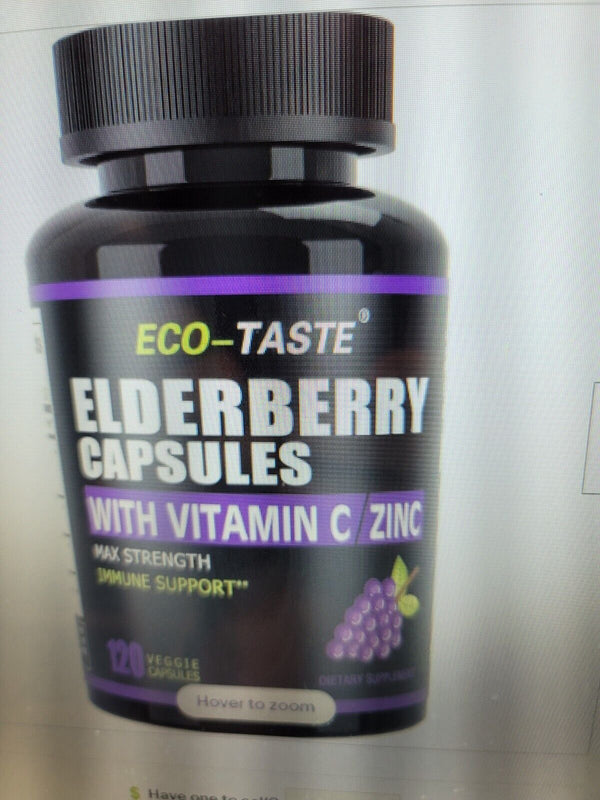 1 Bottle Eco-Taste Elderberry w Vitamin C + Zinc Immune Support 600 Caps