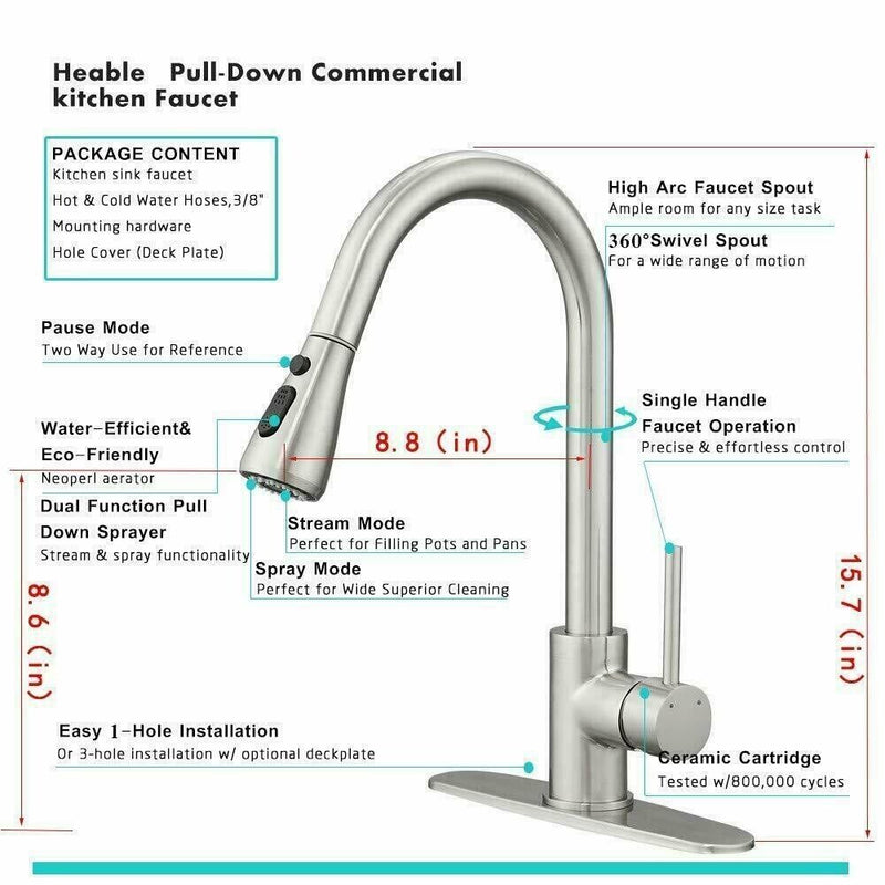 Commercial Kitchen Sink Faucet Pull Out Sprayer Mixer Tap Brushed Nickel&Cover