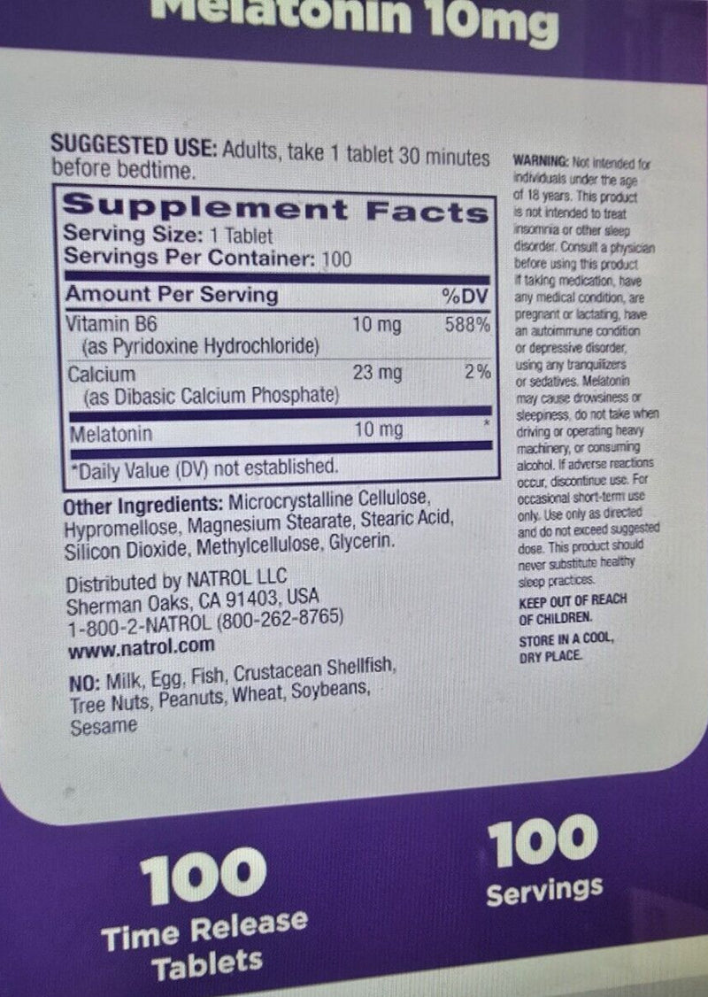 10 PACK Natrol Advanced Melatonin,Sleep, 10 mg, 100 Tablets (1000 tablets total)