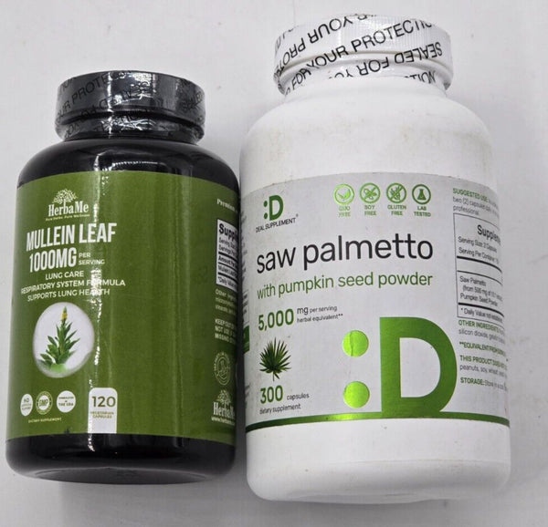 Saw Palmetto Supplement 5000mg with Pumpkin Seed, 300 Capsules +Herbame Mullein