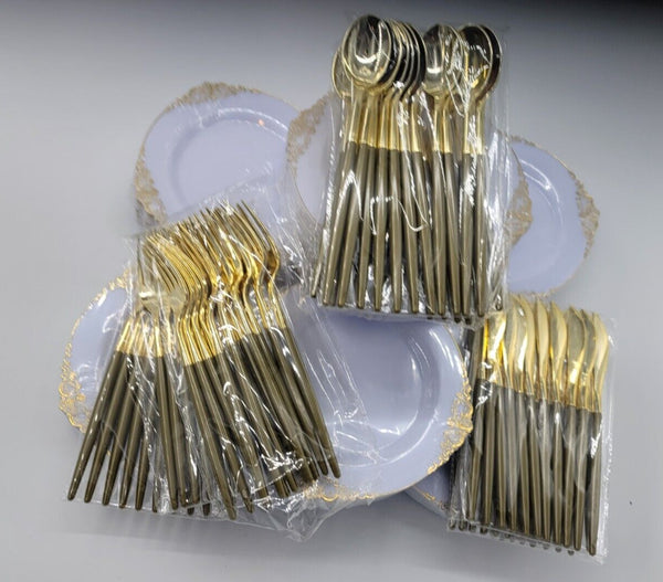 359pcs Nervure 260PCS White & Gold Plastic 8" Plates & 99PCS of Gold Plast/Ware