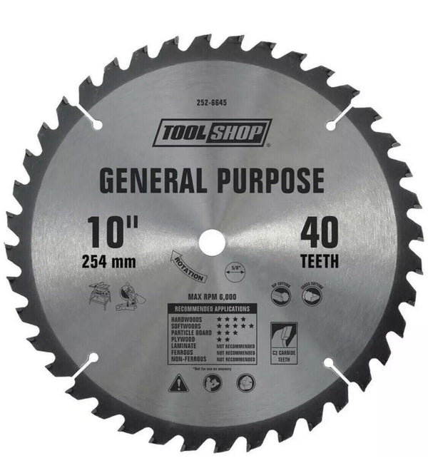 10" 40 Tooth Carbide Tip Thin Kerf Saw Blade  5/8" Arbor, Table & Miter Saw HS