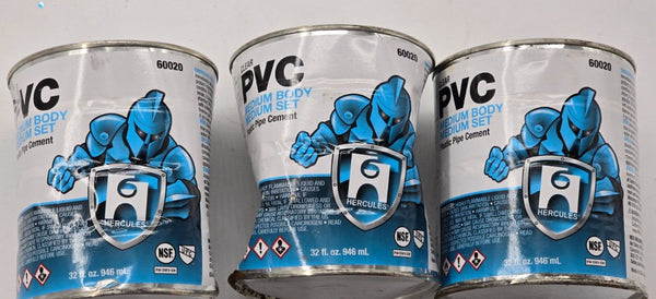 3 Hercules 60020, Clear PVC Medium Body, Medium Set, Plastic Pipe Cement 32 ozx3