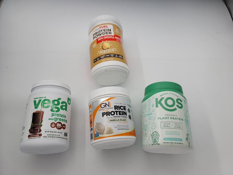 (4 items)Vega Protein/Greens+KOS Organic Plant Prot+ G. N. Rice Protein+SimplyFu