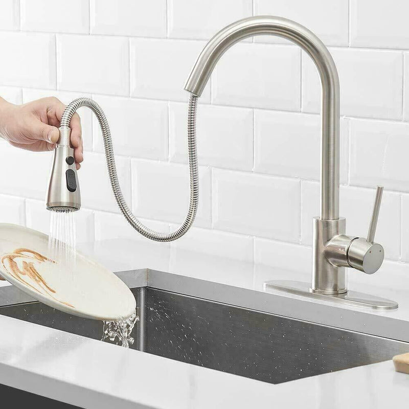 Commercial Kitchen Sink Faucet Pull Out Sprayer Mixer Tap Brushed Nickel&Cover