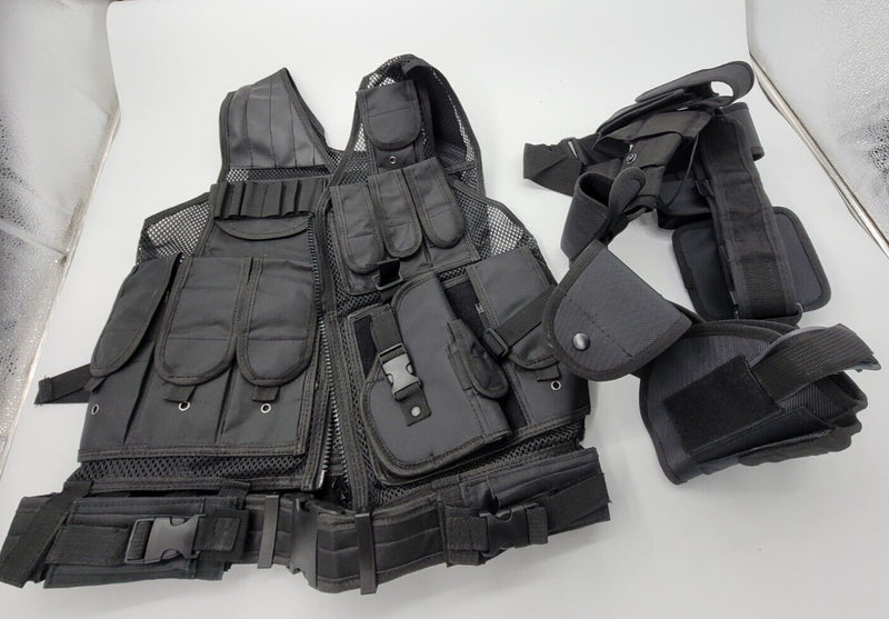 "WOAIKTactical Vest Molle w Gun Holster Black Combat Assault Police Military +