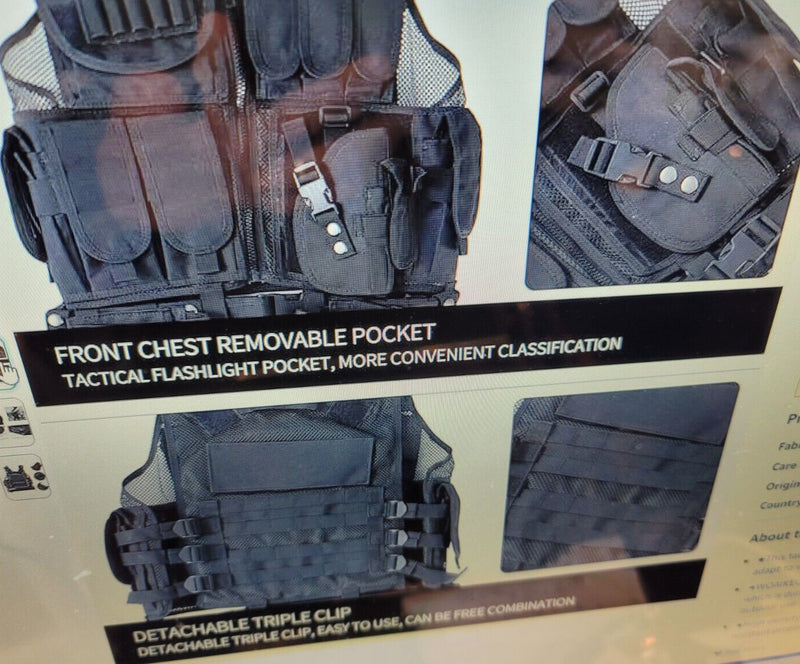 "WOAIKTactical Vest Molle w Gun Holster Black Combat Assault Police Military +