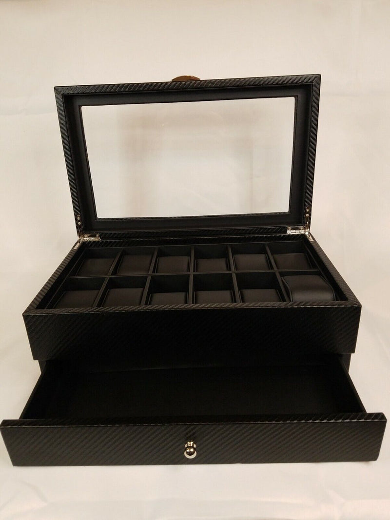 Watch Box Leather Display Case Organizer Glass Jewelry Storage Black
