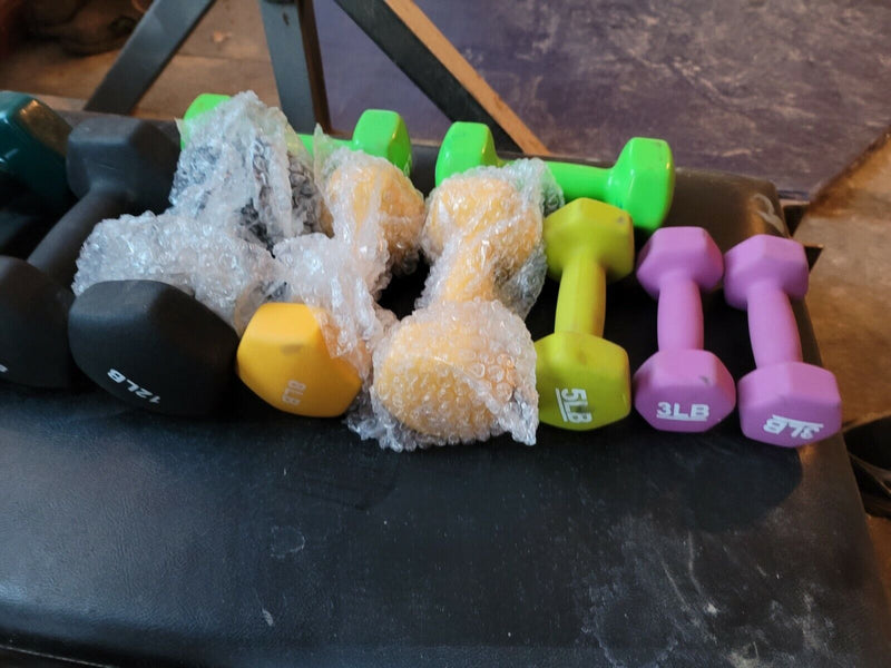 11 Hex Neoprene Dumbbell 12,8,7,3 lbs, All Pairs-20,15,5 lbs all Singles 80 lbs