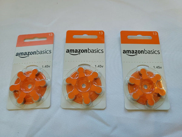 Amazon Basics Size 13 (Orange) 1.45 Volt Hearing Aid Batteries Quantity 3