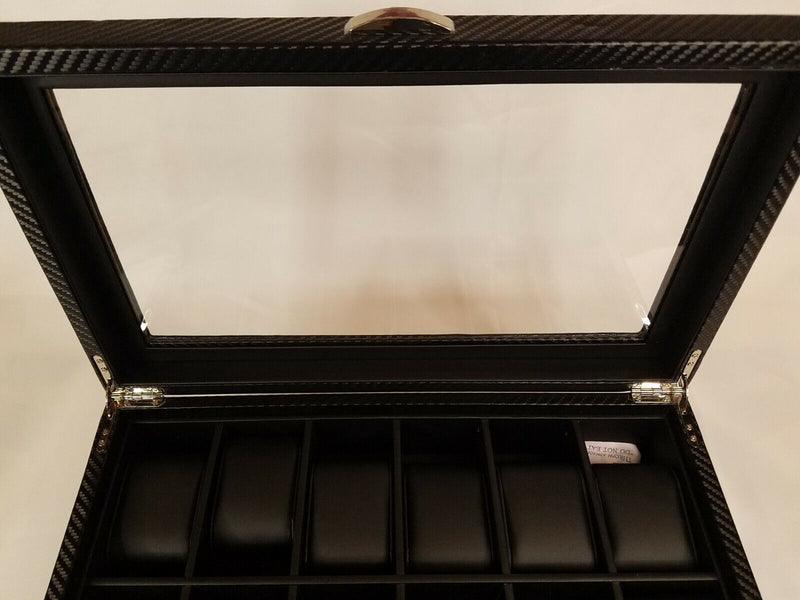 Watch Box Leather Display Case Organizer Glass Jewelry Storage Black